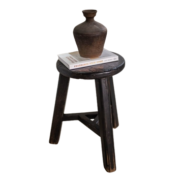 Vintage Elm Wood Round Stool Black