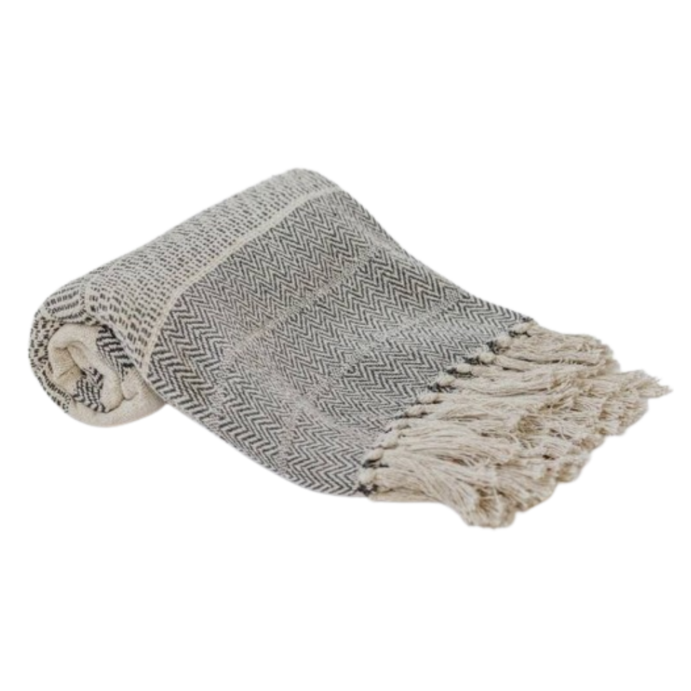 Stiped Cotton Blanket With Embroidered Design and Fringes