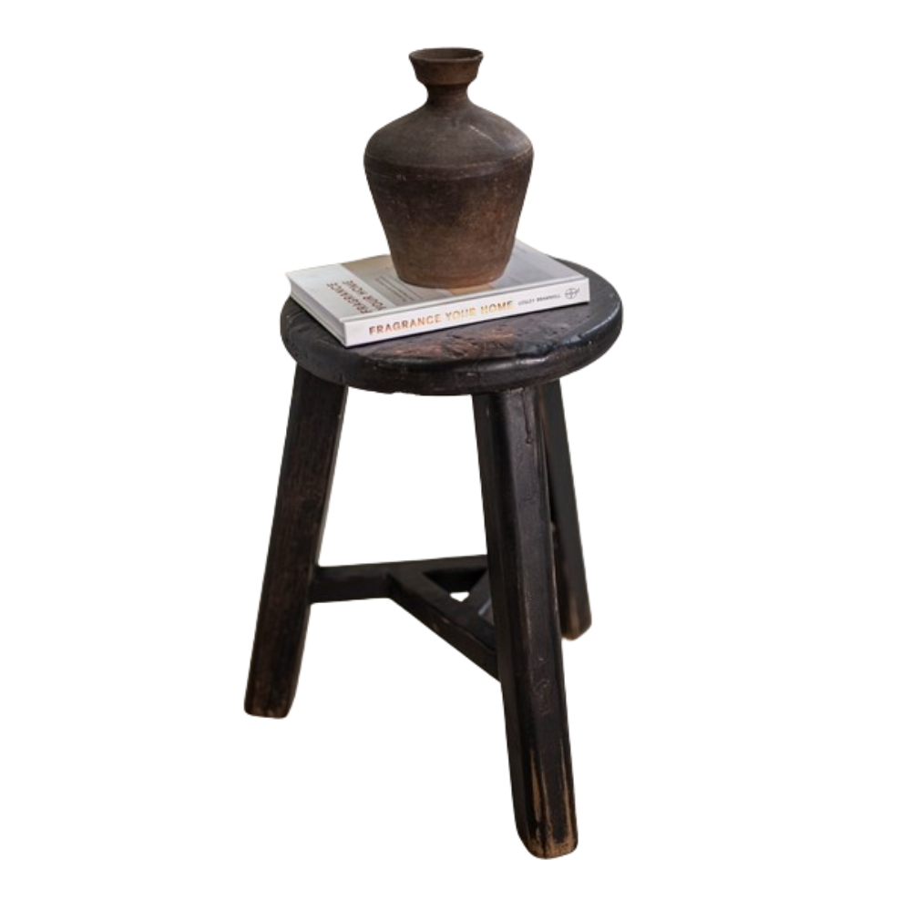 Vintage Elm Wood Round Stool Black