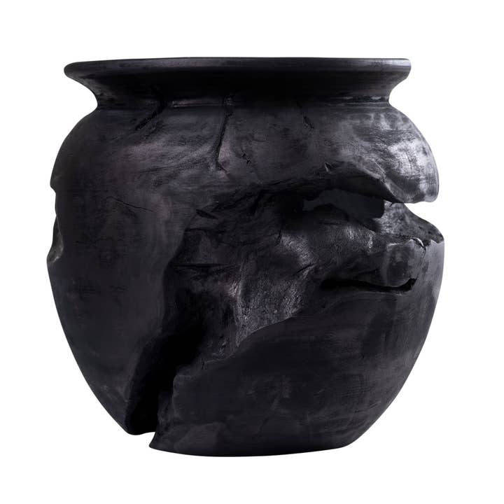 Ross Distressed Ebonized Rounded Wood Vessel Bowl