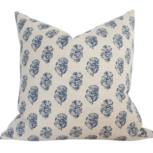 Navy Blue Floral Pillow, Cream Blue Throw Pillow | Owen