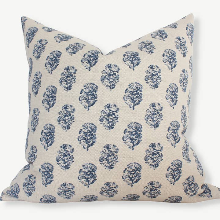 Navy Blue Floral Pillow, Cream Blue Throw Pillow | Owen