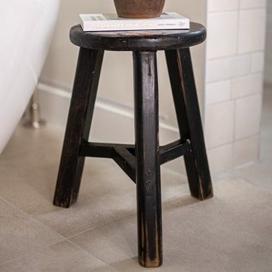 Vintage Elm Wood Round Stool Black