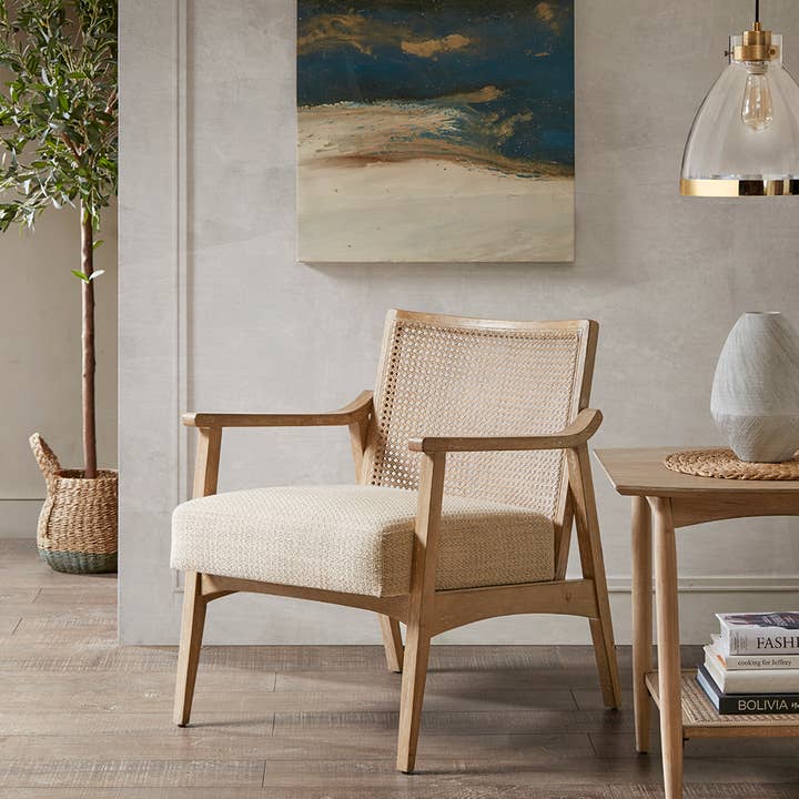 Modern Farmhouse Wood Armchair with Cane Inset Back