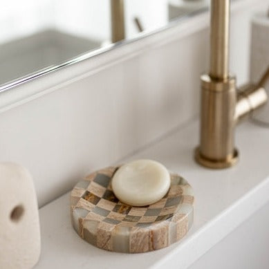 Checkered Travertine & Marble Soap Dish