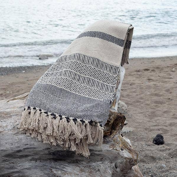 Stiped Cotton Blanket With Embroidered Design and Fringes